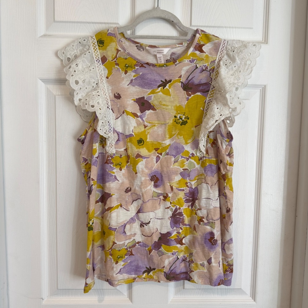 LC Lauren Conrad Women Plus 1X Floral Cotton Top White Eyelet Flutter Sleeve